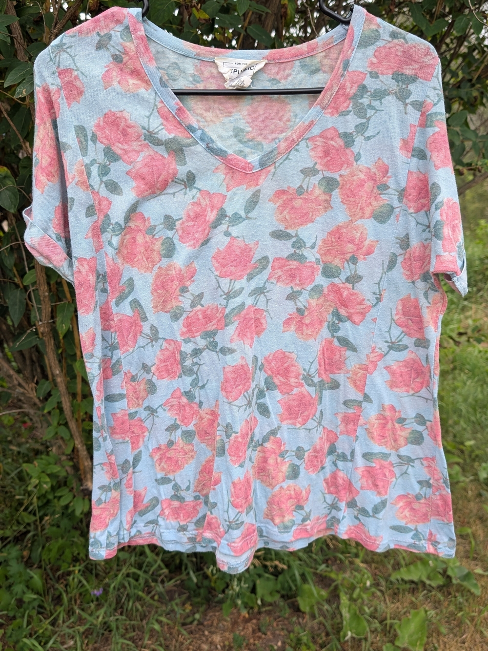 For The Republic Light Blue V-Neck Tee with Pink Floral Print